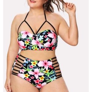 New PLUS DOLL “BLISSFUL” CUTOUT STRAPPY FLORAL 2 PIECE PLUS SIZE SWIMSUIT